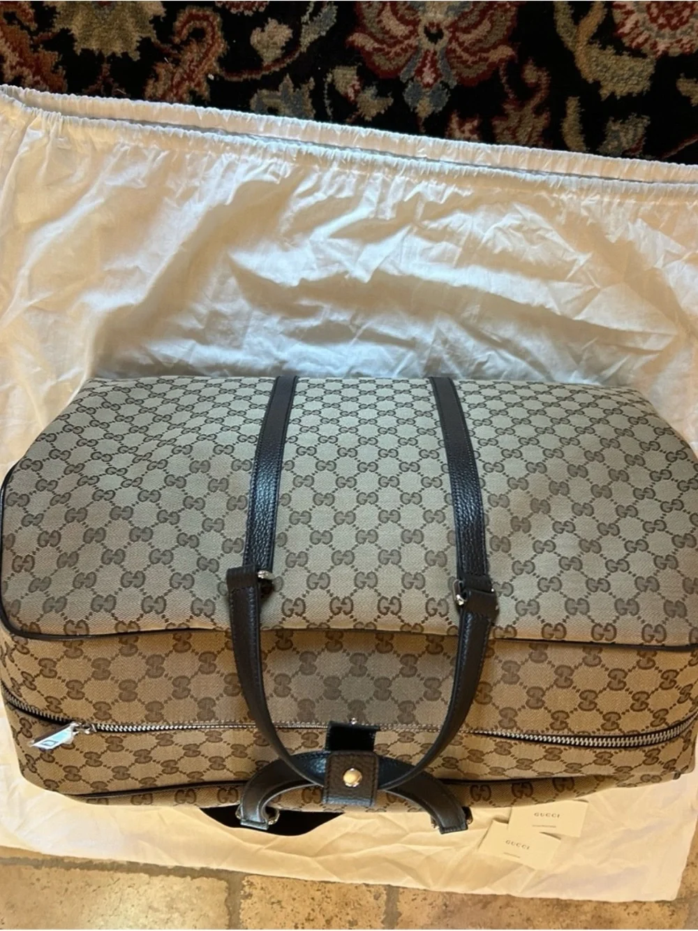 Unisex Gucci Beige GG Supreme Canvas Weekender with Dark Brown Trim made Italy